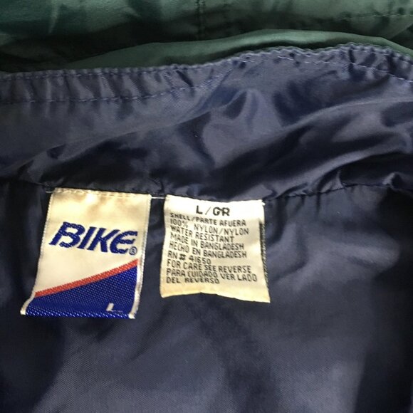 Bike Athletic Jacket Mens Large Green Navy Colorblock Windbreaker Stowaway Hood - Picture 6 of 15